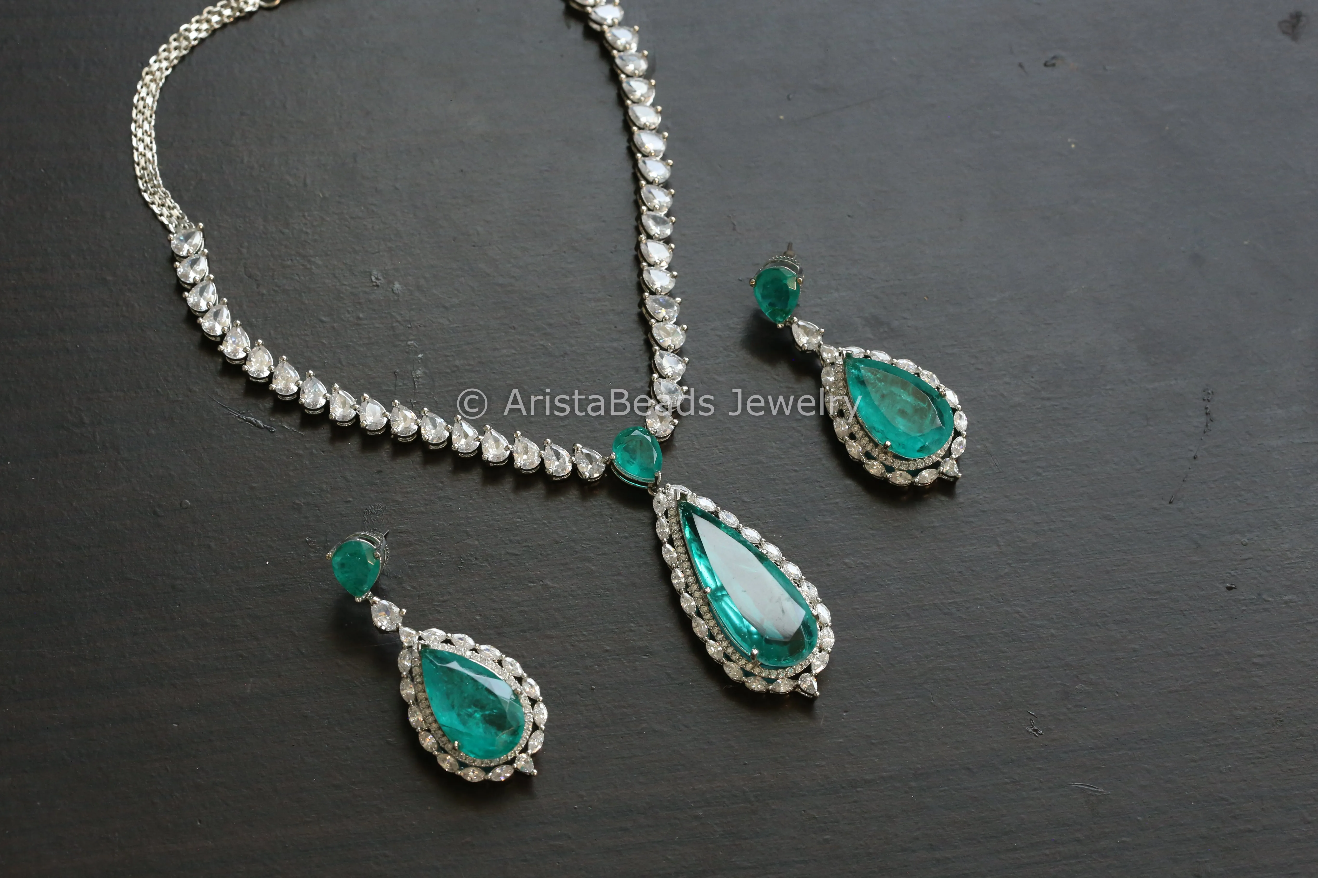 Premium CZ & Doublet Necklace Set - Deep Aqua