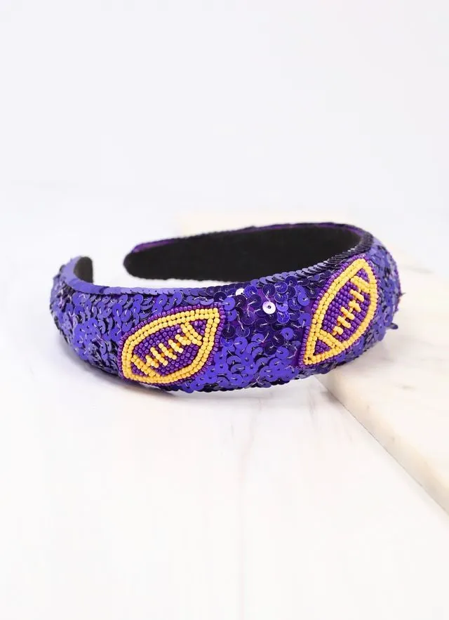 Punt Football Sequin Headband PURPLE YELLOW