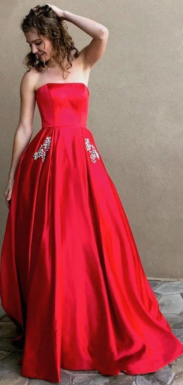 Red Satin Beaded Pockets Strapless Ball Gown Sweet-16 Prom Dresses, DB1125