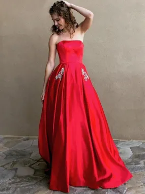 Red Satin Beaded Pockets Strapless Ball Gown Sweet-16 Prom Dresses, DB1125