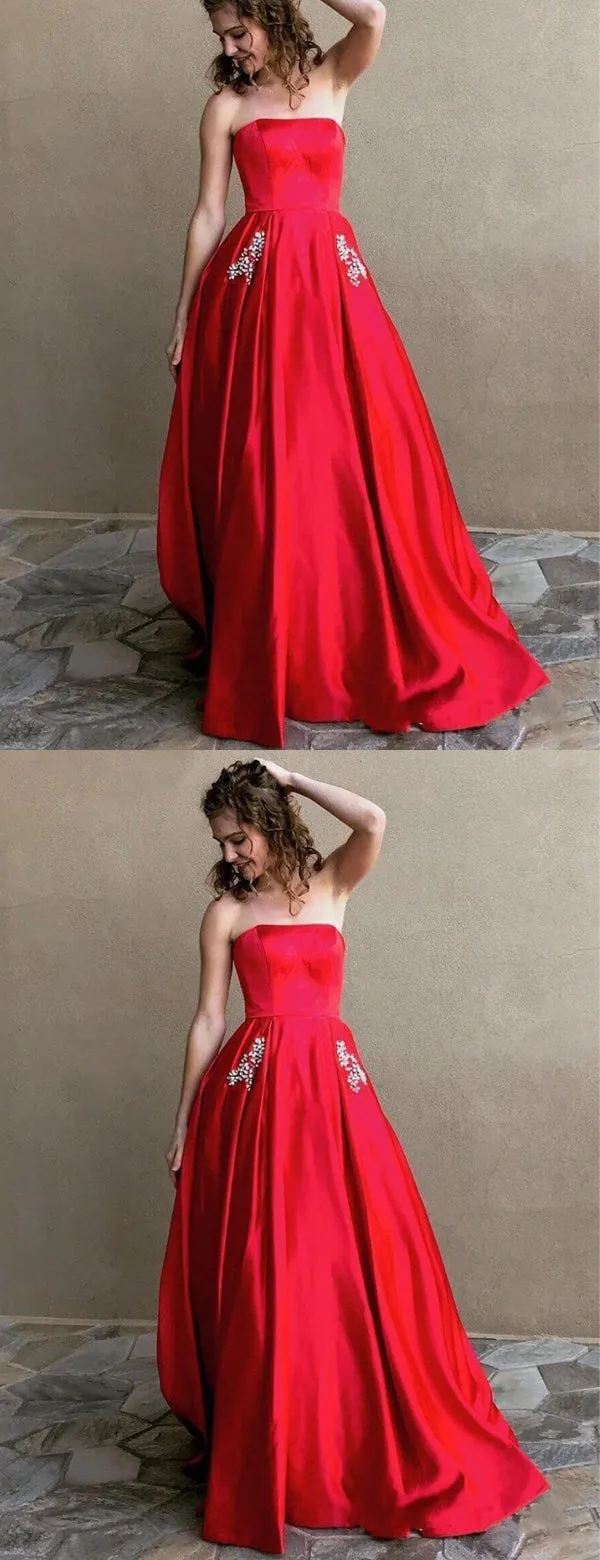 Red Satin Beaded Pockets Strapless Ball Gown Sweet-16 Prom Dresses, DB1125