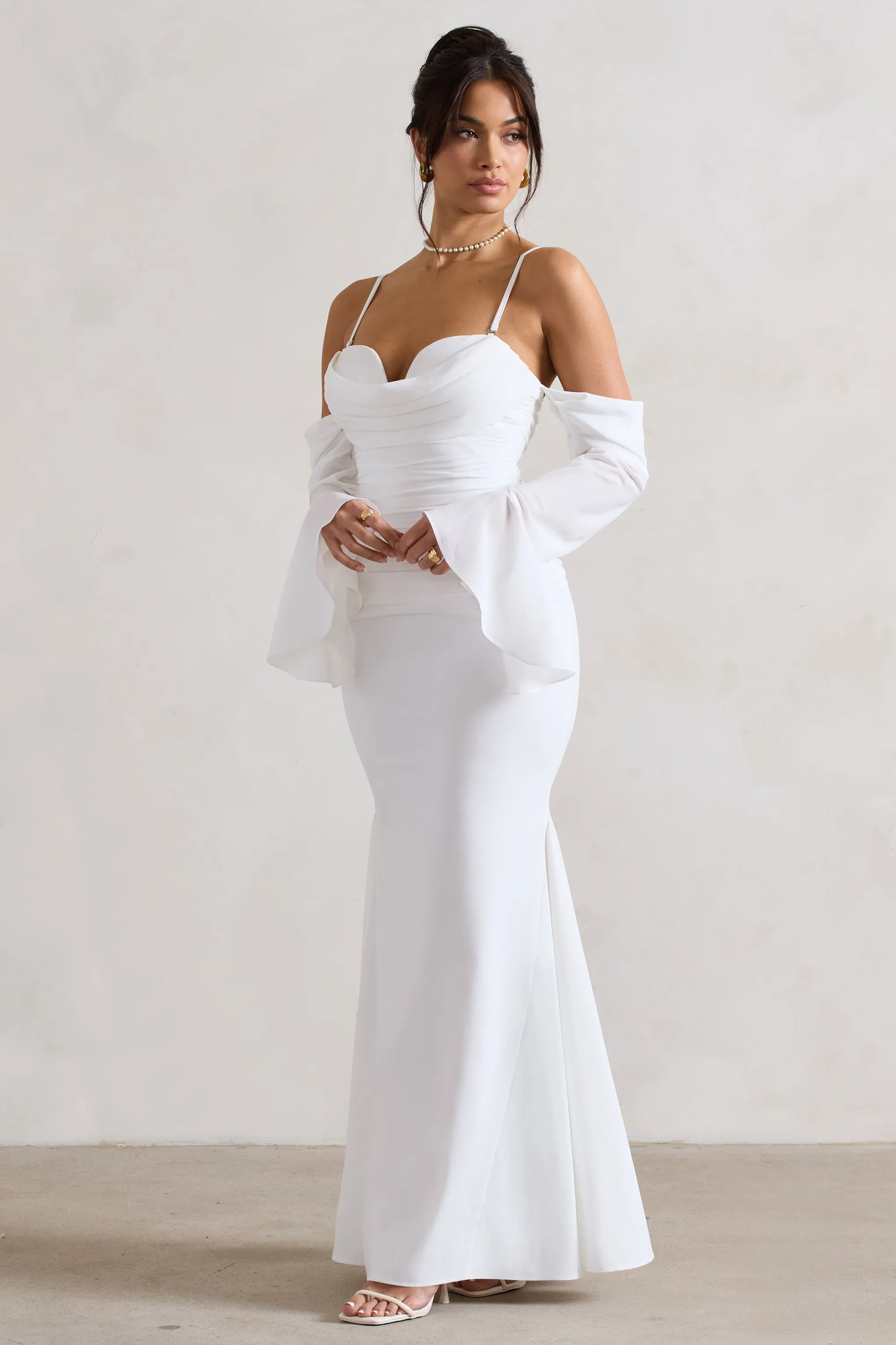 Rhiannon | Cream Draped Flared-Sleeve Fishtail Maxi Dress