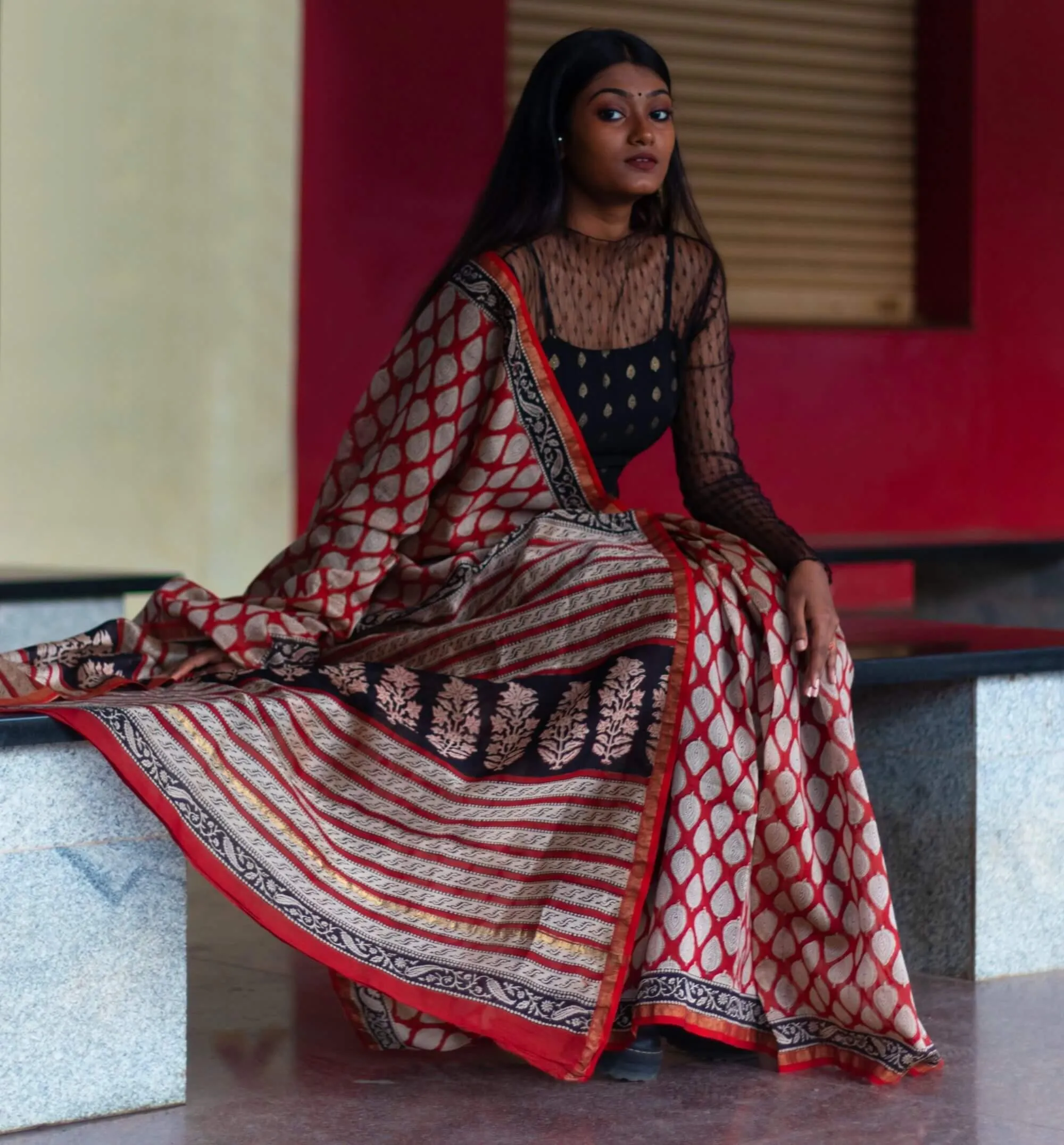 Roheda Bagru Syahi Begar leaf Chanderi Saree