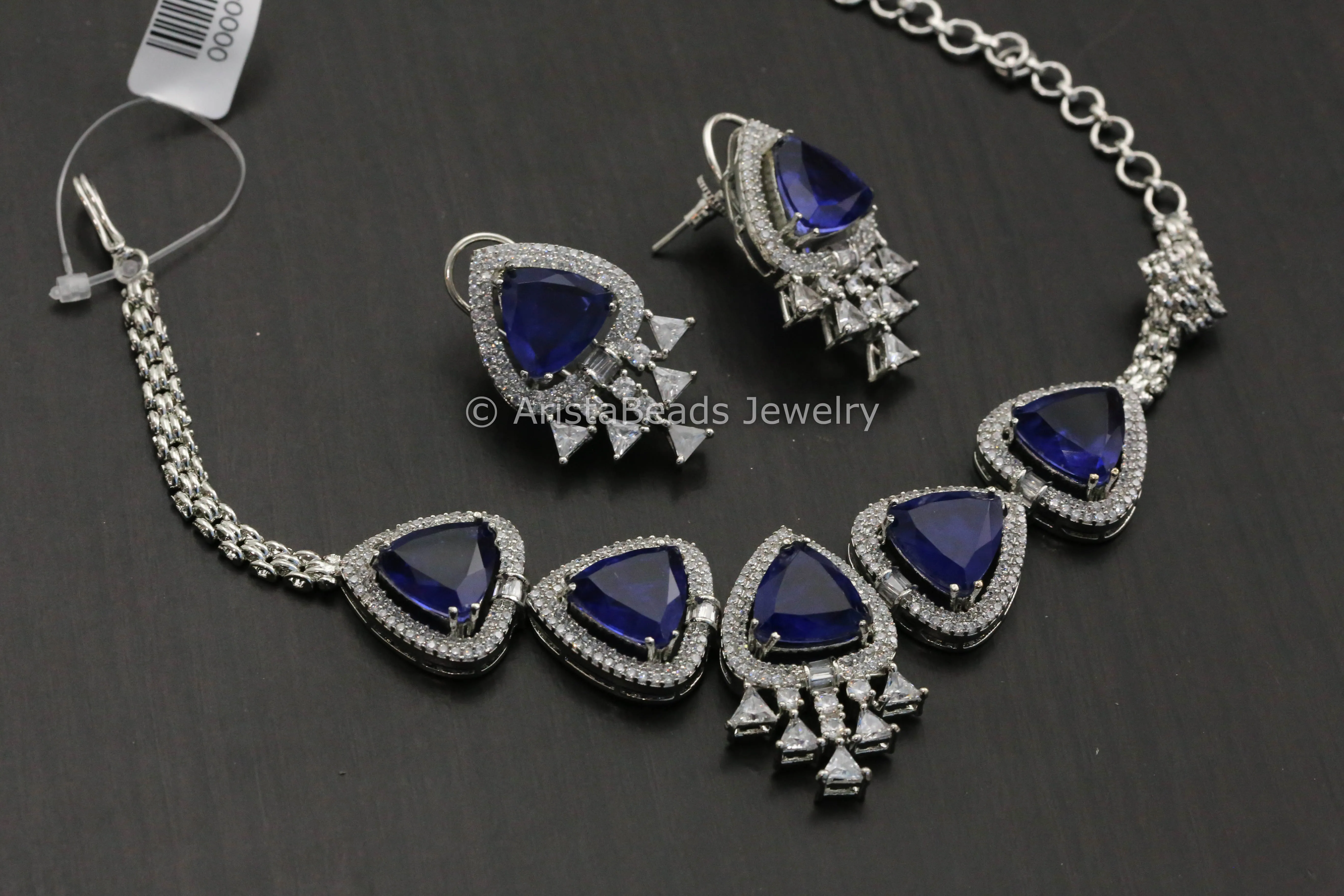 Sapphire Blue Trilliant Cut Doublet Necklace Set