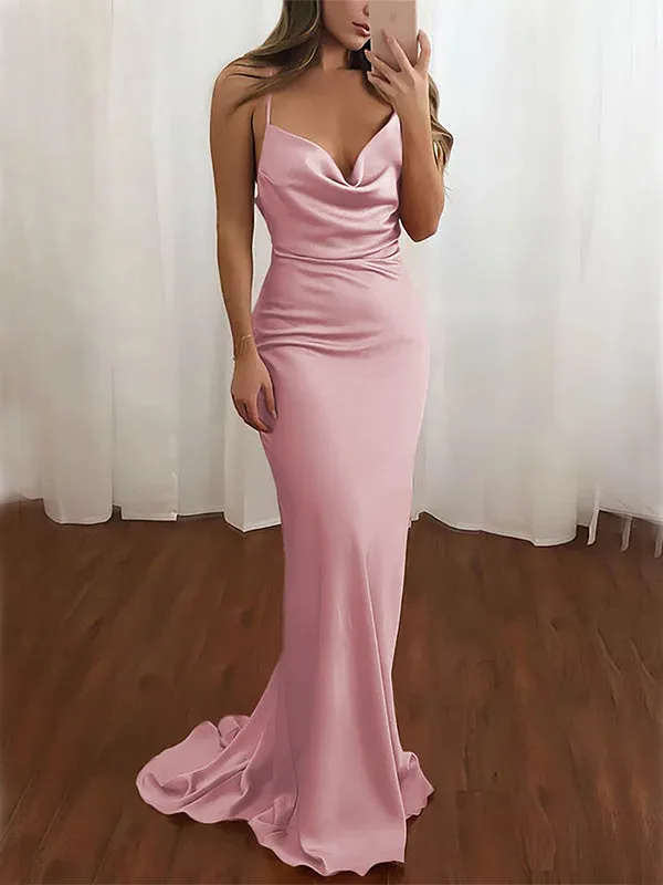 Sexy Spaghetti Straps Mermaid Long Pink Evening Prom Dresses Online, OL019