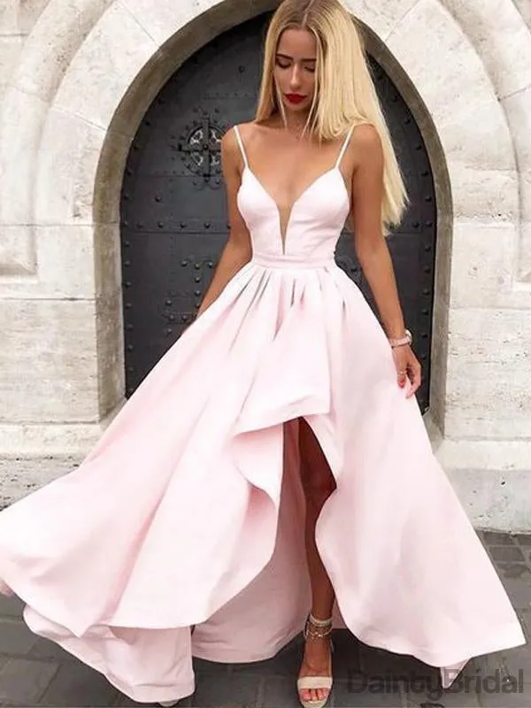 Sexy V-Neck High-Low Satin Long Prom Dresses.DB10079