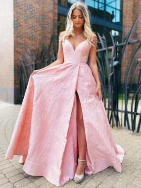 Sexy V-neck Satin Pink Satin Side Slit Prom Dresses Evening Dresses.DB10795