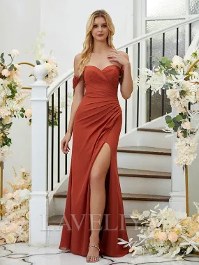 Sheath Off-the-Shoulder Pleated Floor-Length Chiffon Bridesmaid Dress  #ZB230162