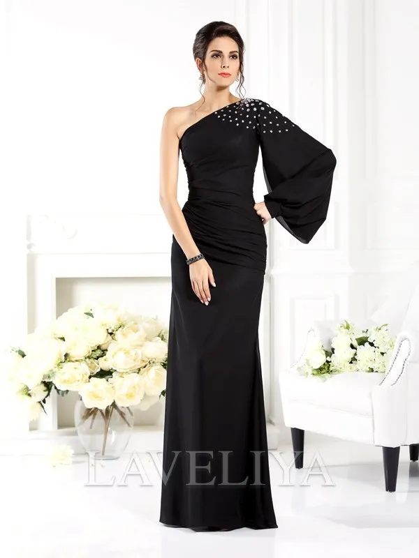 Sheath One-Shoulder Long Sleeves Beading Floor-Length Chiffon Dress  #YP230076