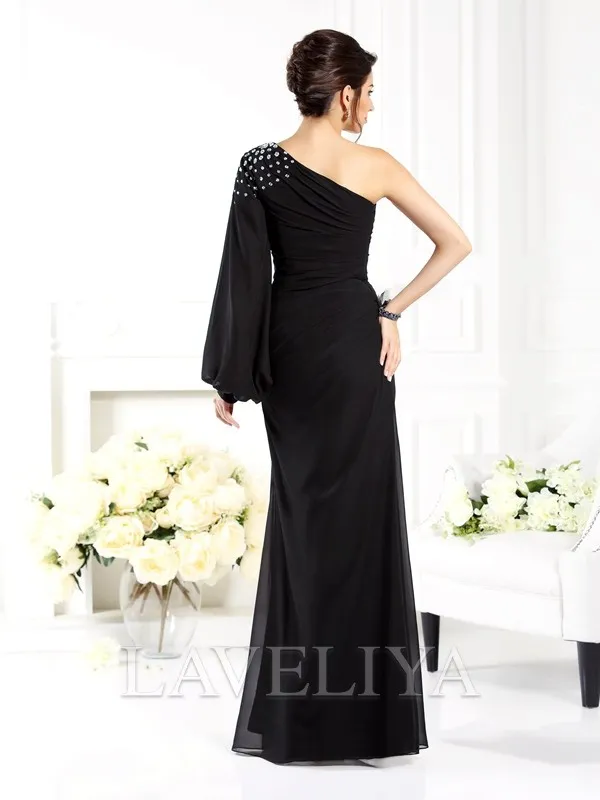 Sheath One-Shoulder Long Sleeves Beading Floor-Length Chiffon Dress  #YP230076