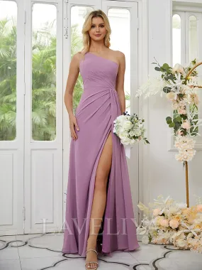 Sheath One-Shoulder Pleated Floor-Length Chiffon Bridesmaid Dress  #ZB230140