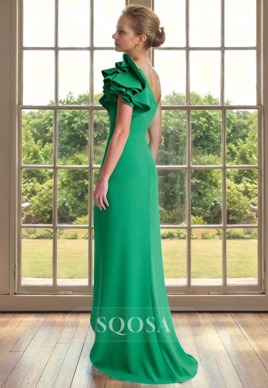 Sheath One Shoulder Side Slit Green Mother of the Bride Dress for Wedding Long Cocktail Dress