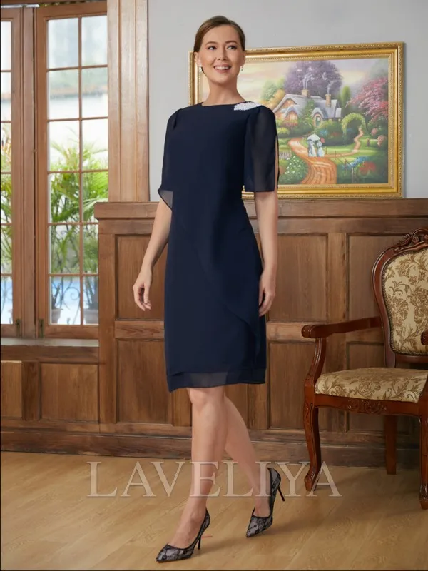 Sheath Scoop 1/2 Sleeves Ruffles Knee-Length Chiffon Mother of the Bride Dress  #XM230254