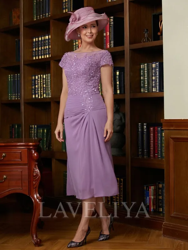 Sheath Scoop Short Sleeves Pleated Tea-Length Chiffon Mother of the Bride Dress  #XM230170