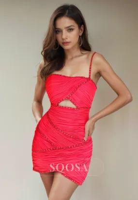 Sheath Spaghetti Straps Beads Short Homecoming Dress Tight Red Graduation Dress