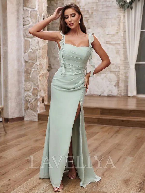 Sheath Straps Pleated Floor-Length Chiffon Bridesmaid Dress  #ZB240062