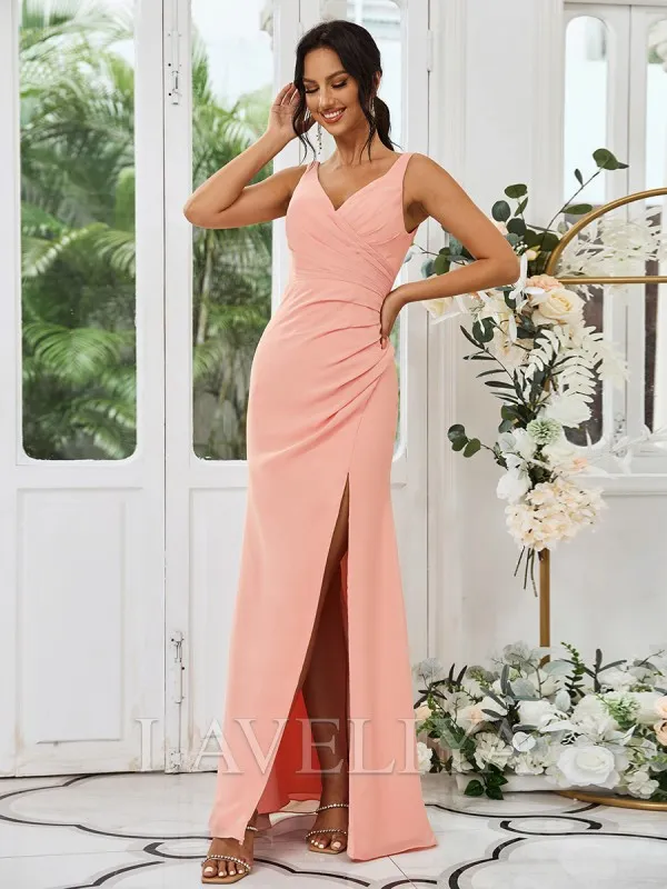 Sheath V-neck Pleated Floor-Length Chiffon Bridesmaid Dress  #ZB230503