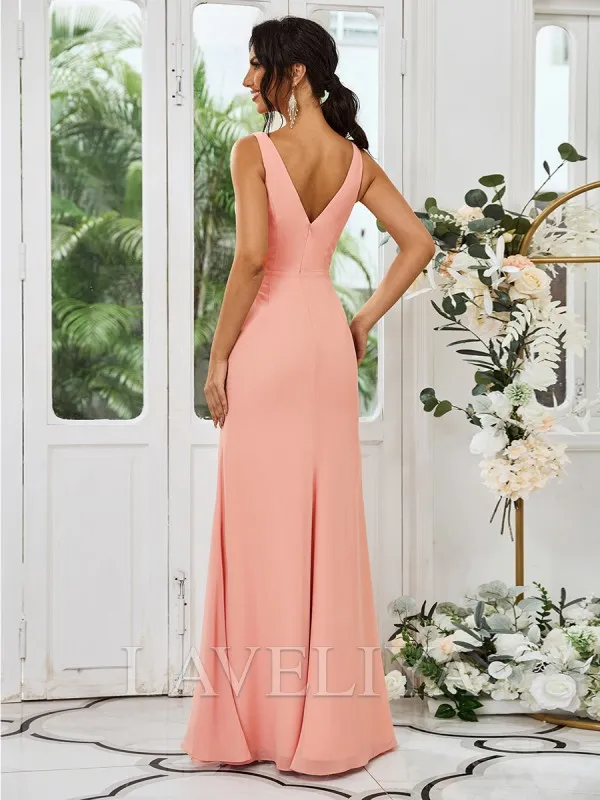 Sheath V-neck Pleated Floor-Length Chiffon Bridesmaid Dress  #ZB230503