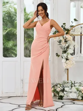 Sheath V-neck Pleated Floor-Length Chiffon Bridesmaid Dress  #ZB230503