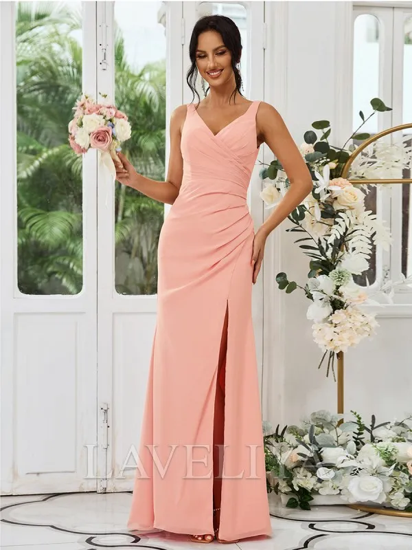 Sheath V-neck Pleated Floor-Length Chiffon Bridesmaid Dress  #ZB230503