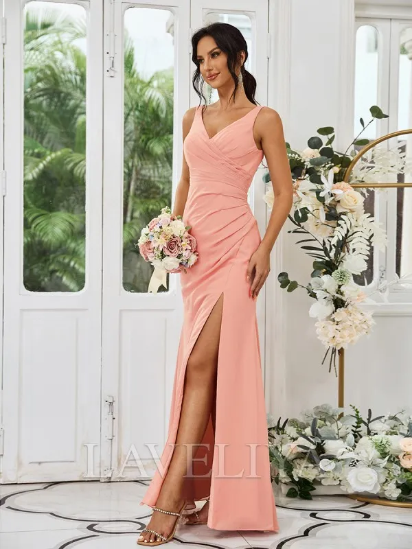 Sheath V-neck Pleated Floor-Length Chiffon Bridesmaid Dress  #ZB230503