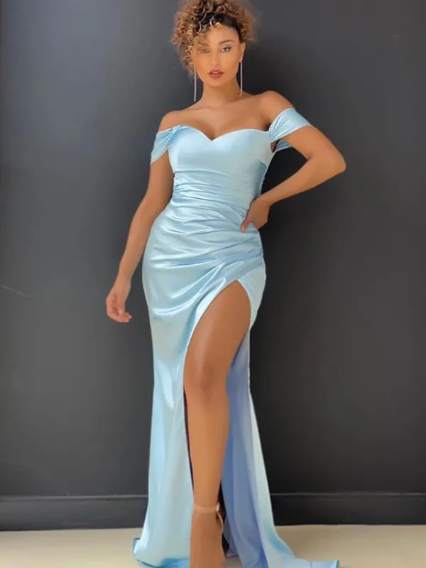 Simple Off-shoulder Side Slit Mermaid Evening Party Prom Dresses. DB1023