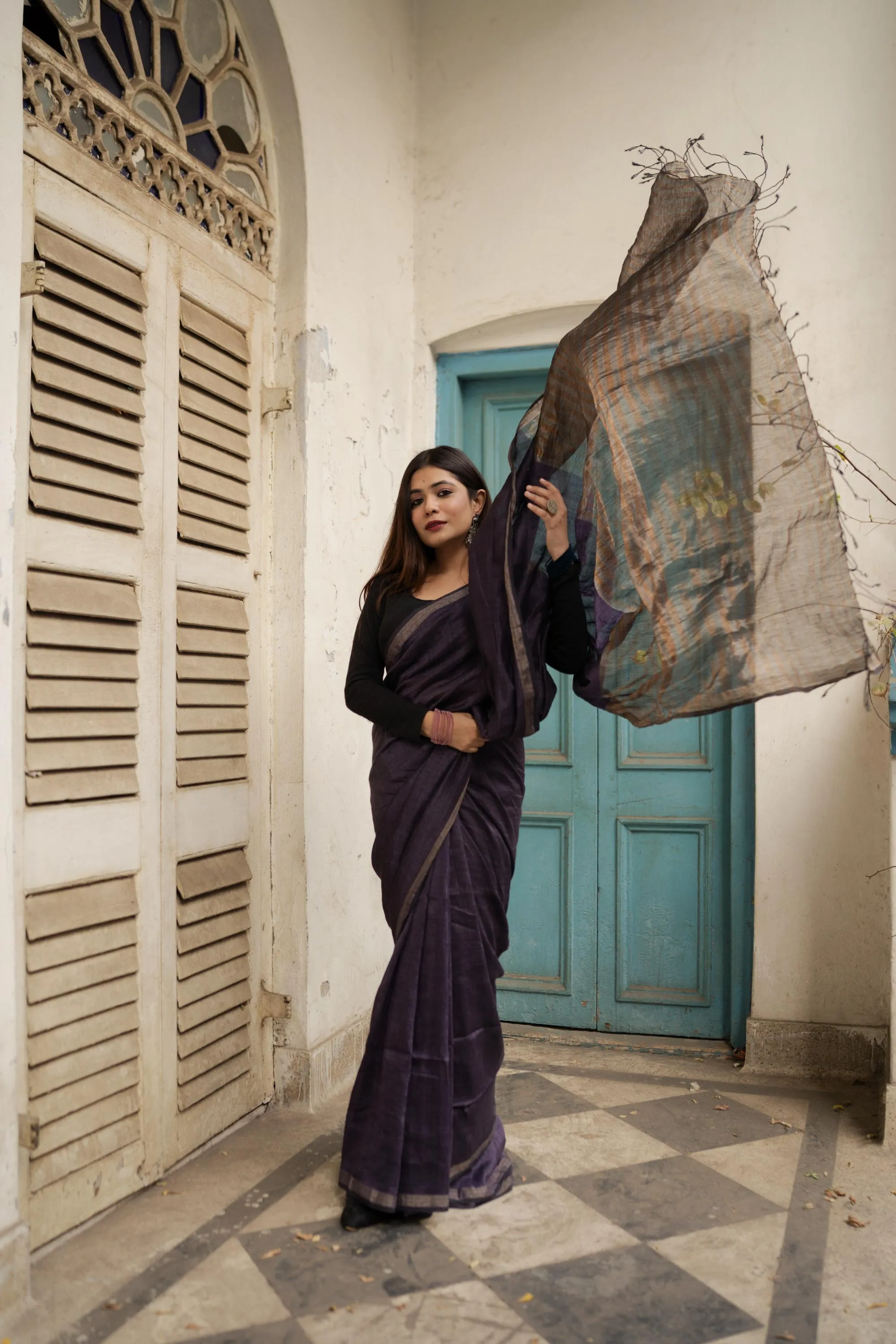 Sitara - Purple  Linen by cotton zari  saree