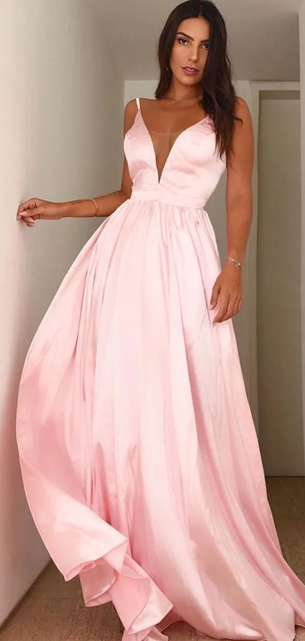 Soft Pink Satin Spaghetti Strap A-line Charming Prom Dresses, DB1118