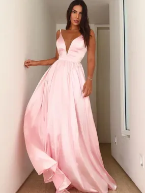 Soft Pink Satin Spaghetti Strap A-line Charming Prom Dresses, DB1118