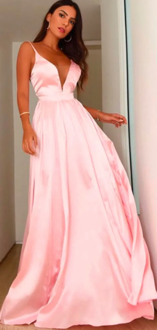 Soft Pink Satin Spaghetti Strap A-line Charming Prom Dresses, DB1118