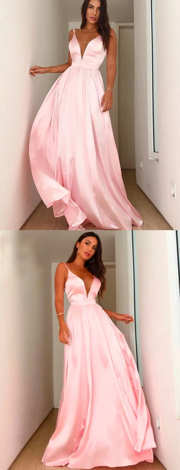 Soft Pink Satin Spaghetti Strap A-line Charming Prom Dresses, DB1118