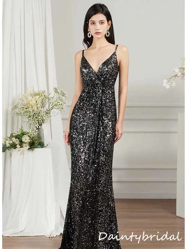 Sparkly Spaghetti Straps V-neck Sheath Girl Prom Dresses Evening Dress, OL929