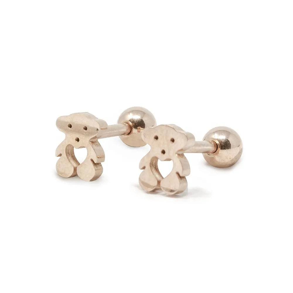 Stainless Steel Baby Stud Earrings Tiny Bear Rose Gold Plated