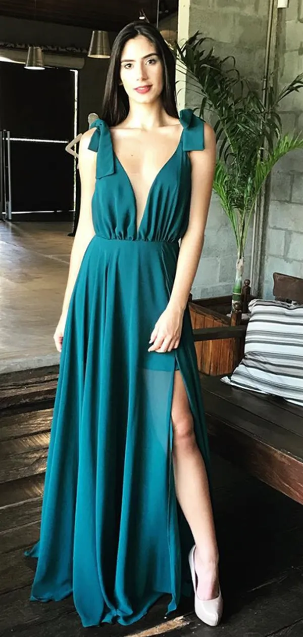 Teal Chiffon V-neck Side Slit Sleeveless Simple Prom Dresses, DB1121