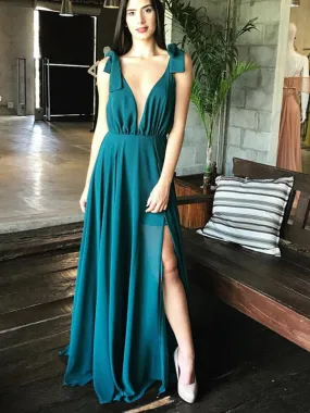 Teal Chiffon V-neck Side Slit Sleeveless Simple Prom Dresses, DB1121