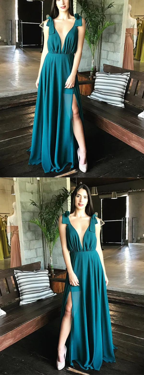 Teal Chiffon V-neck Side Slit Sleeveless Simple Prom Dresses, DB1121