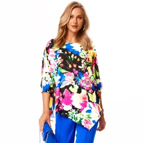 Tia Floral Print Chiffon Overlay Top With Asymmetric Hem - Style 73057-7823-90