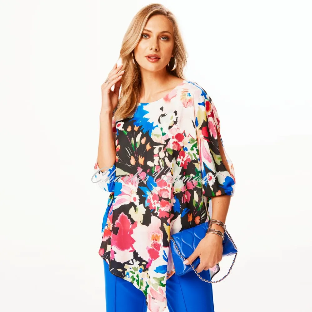 Tia Floral Print Chiffon Overlay Top With Asymmetric Hem - Style 73057-7823-90