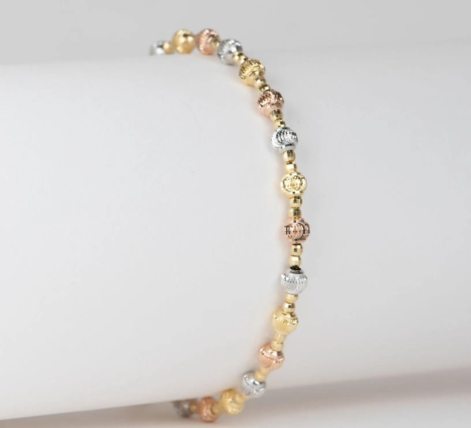 Tri-Color Solid 18K Gold Diamond Cut Sparkly Bead Bracelet 4.7g R2053