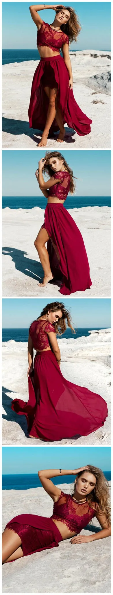 Two Pieces Long Burgundy Sexy Split Front Cap Sleeve Lace Charming Prom Gown Dress,PD0091