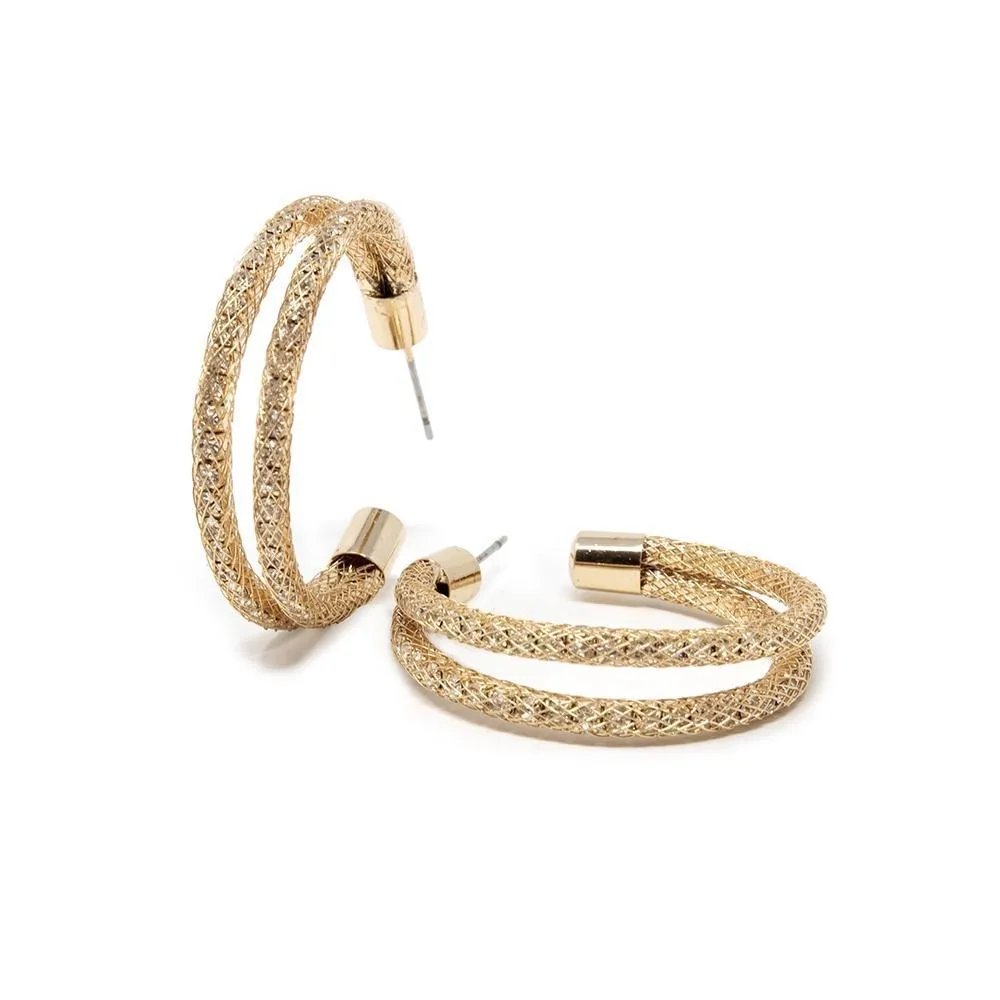 Two Row Crystal Mesh 35MM Hoop Gold Tone