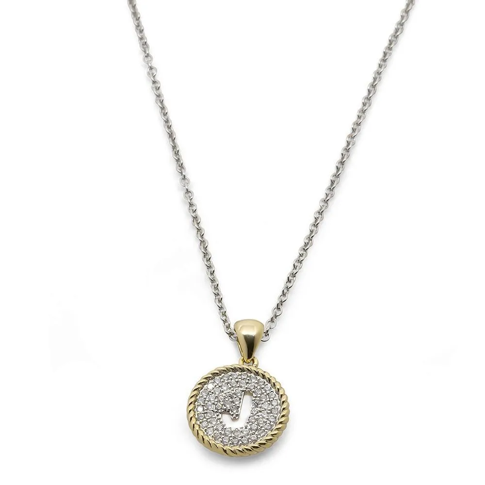 Two Tone Necklace Round Pave Initial - J