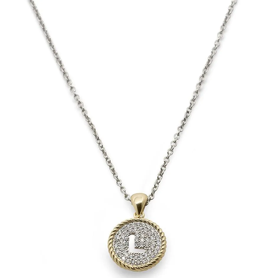 Two Tone Necklace Round Pave Initial - L