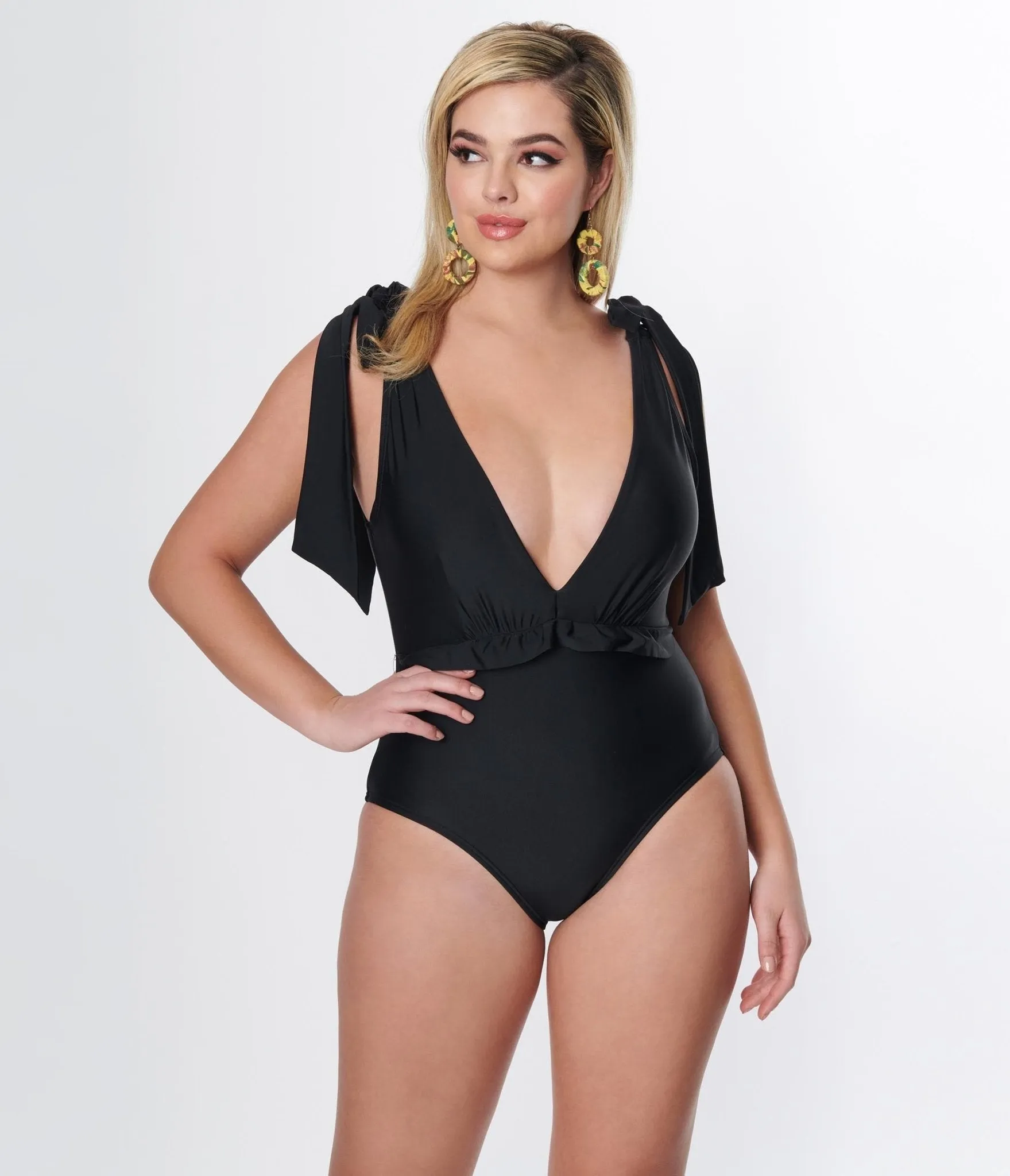 Unique Vintage Black Plunge One Piece Swimsuit