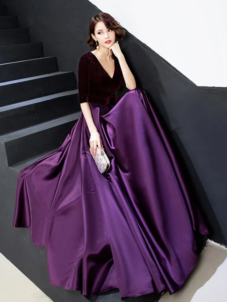 V-neck Bow Waist A-line Satin Evening Dresses Short-Sleeve Velour Formal Women Prom Dresses Elegant Graduation Party Gowns