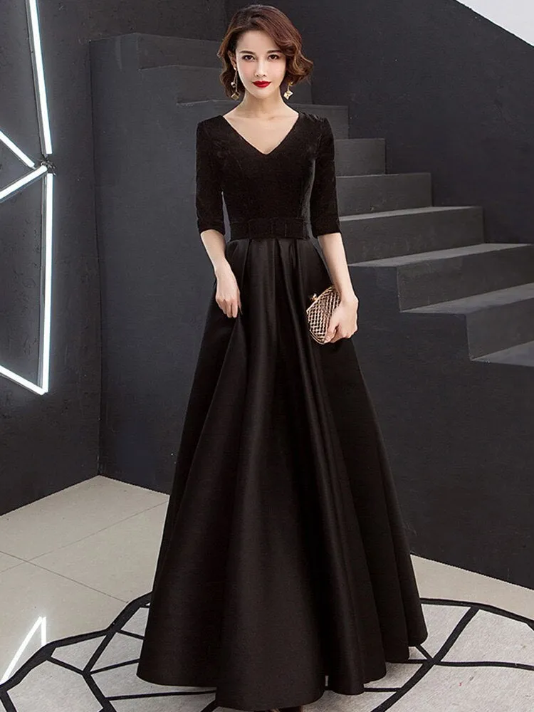 V-neck Bow Waist A-line Satin Evening Dresses Short-Sleeve Velour Formal Women Prom Dresses Elegant Graduation Party Gowns