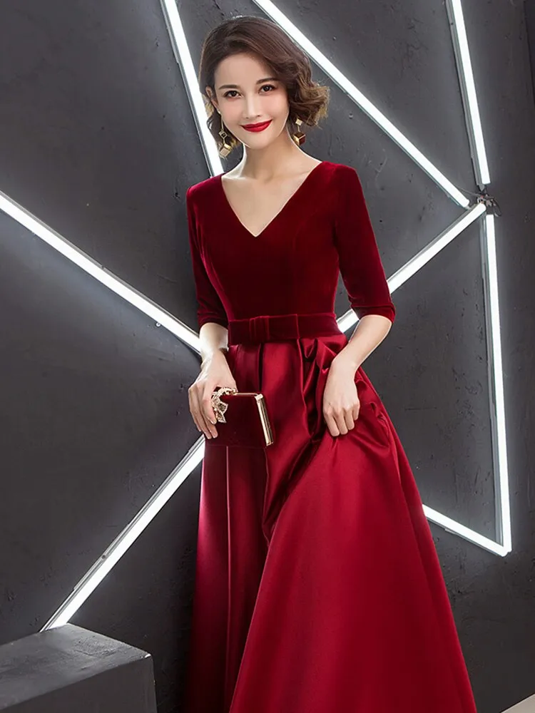 V-neck Bow Waist A-line Satin Evening Dresses Short-Sleeve Velour Formal Women Prom Dresses Elegant Graduation Party Gowns