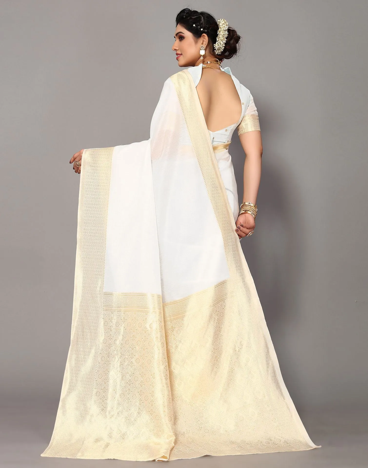 White Banarasi Cotton Saree