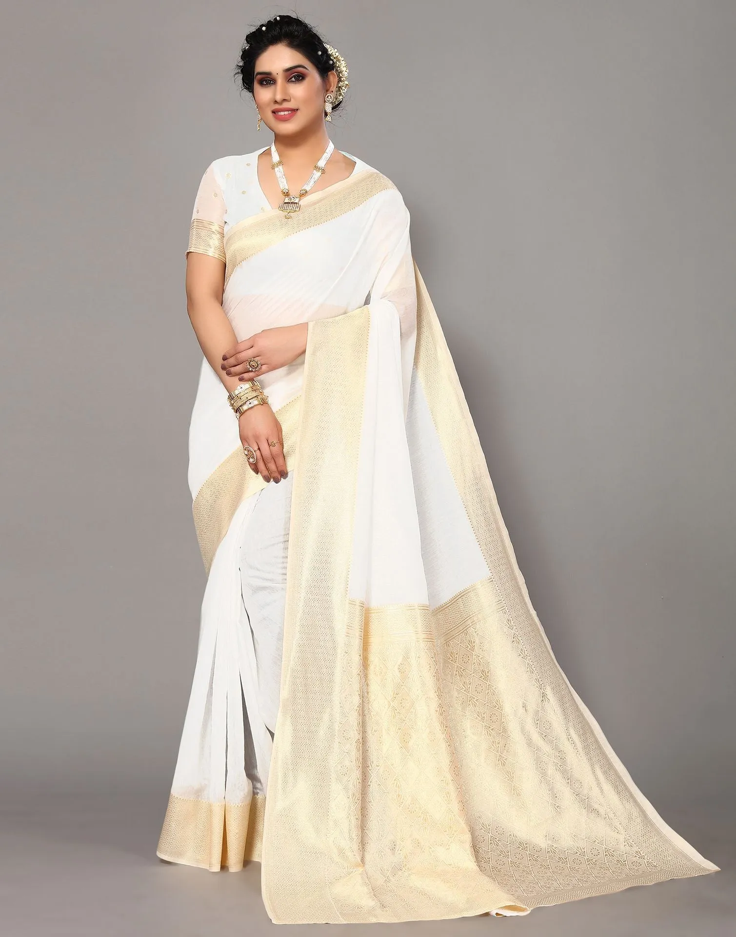 White Banarasi Cotton Saree