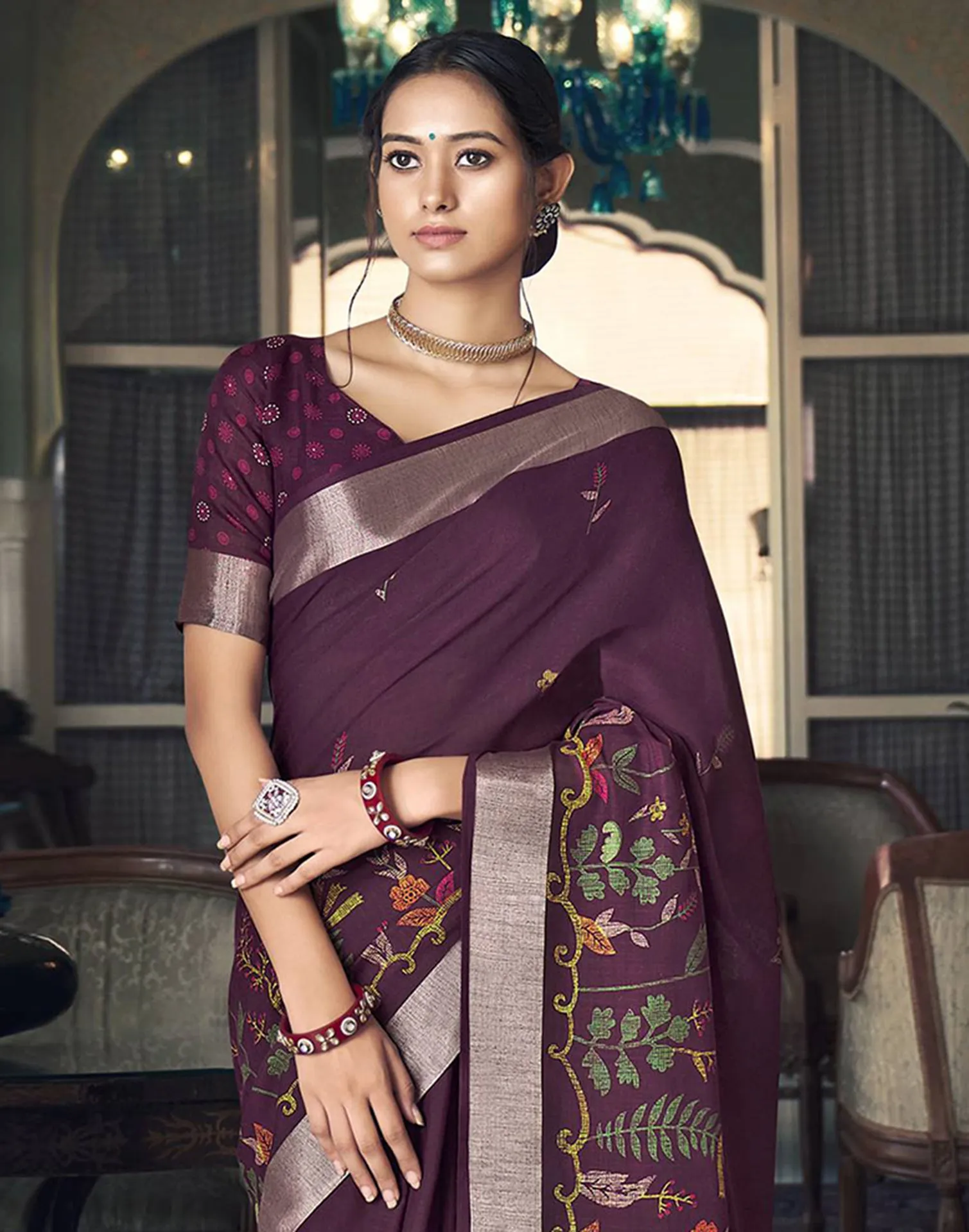 Wine Printed Cotton Saree